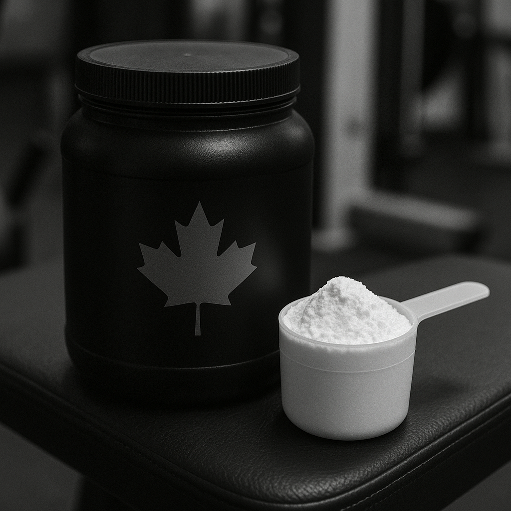 Un pot canadien de supplément de créatine monohydrate à côté d’une mesure sur un banc de gym athlétique, dans des tons monochromes.