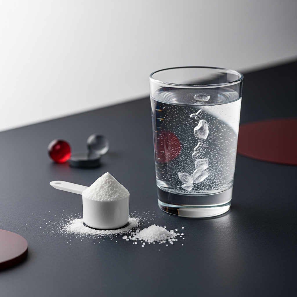A scoop of creatine powder beside sea salt crystals and a glass of water with dissolving electrolytes on a dark surface