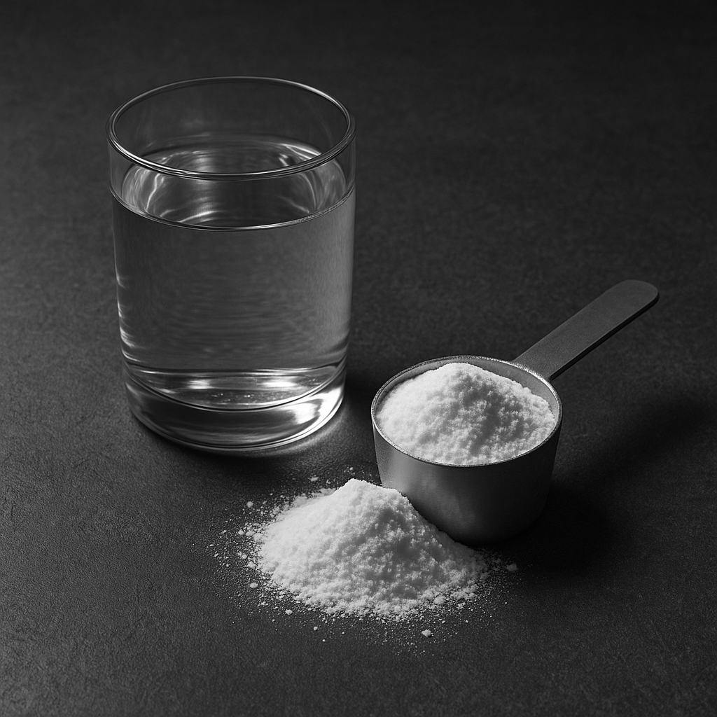 Gros plan d’une mesure de poudre de créatine monohydrate à côté d’un verre d’eau sur un banc de gym foncé