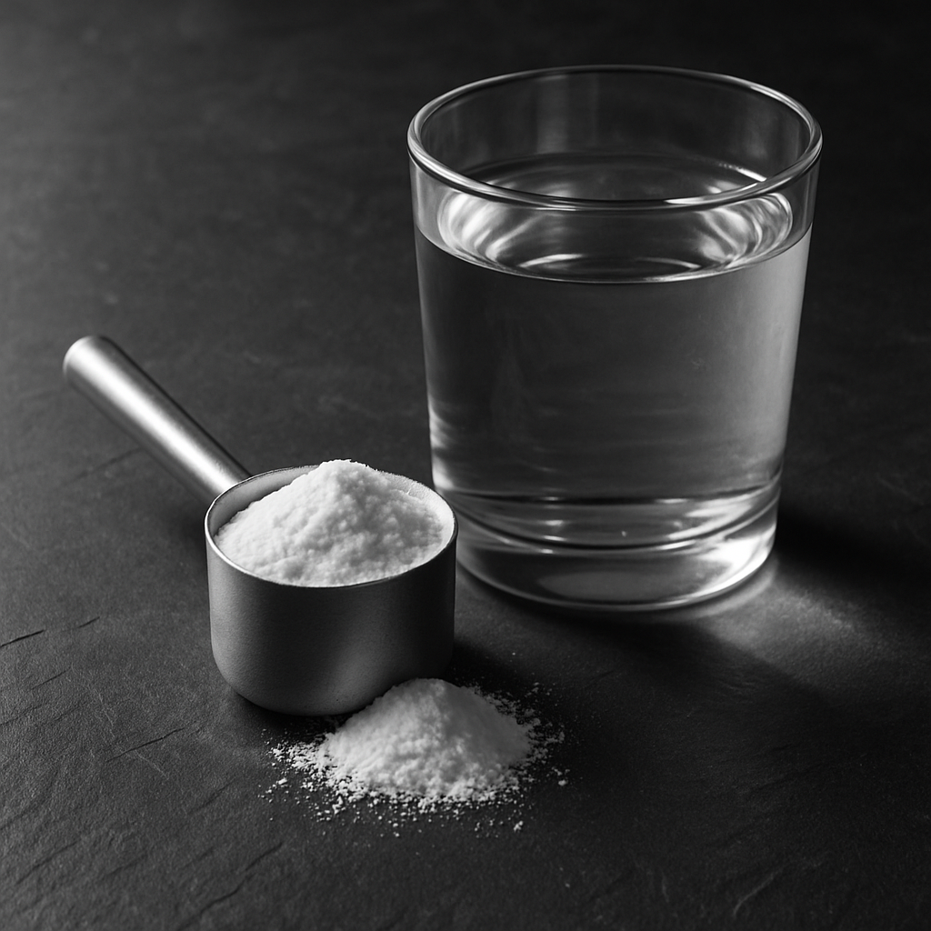 Vue minimaliste en plongée d’une mesure de poudre de créatine monohydrate à côté d’un verre d’eau sur une surface en ardoise foncée