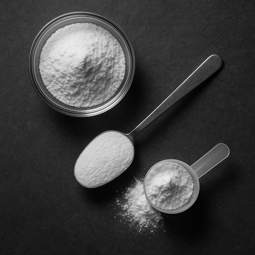 Overhead photo of a level teaspoon and a plastic supplement scoop beside a small kitchen bowl of creatine powder, casting soft shadows on a charcoal countertop.