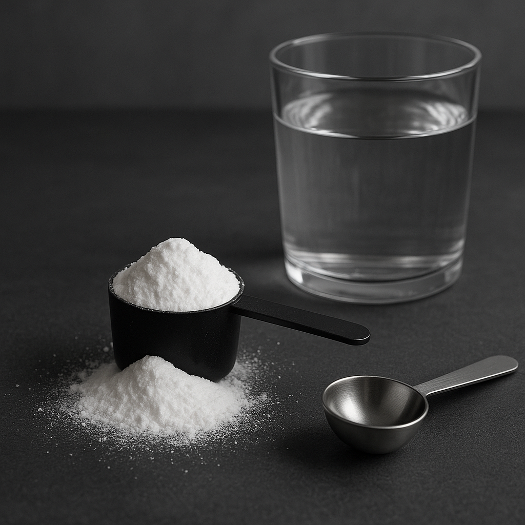 Spoon of creatine monohydrate powder next to a glass of water on a dark textured surface
