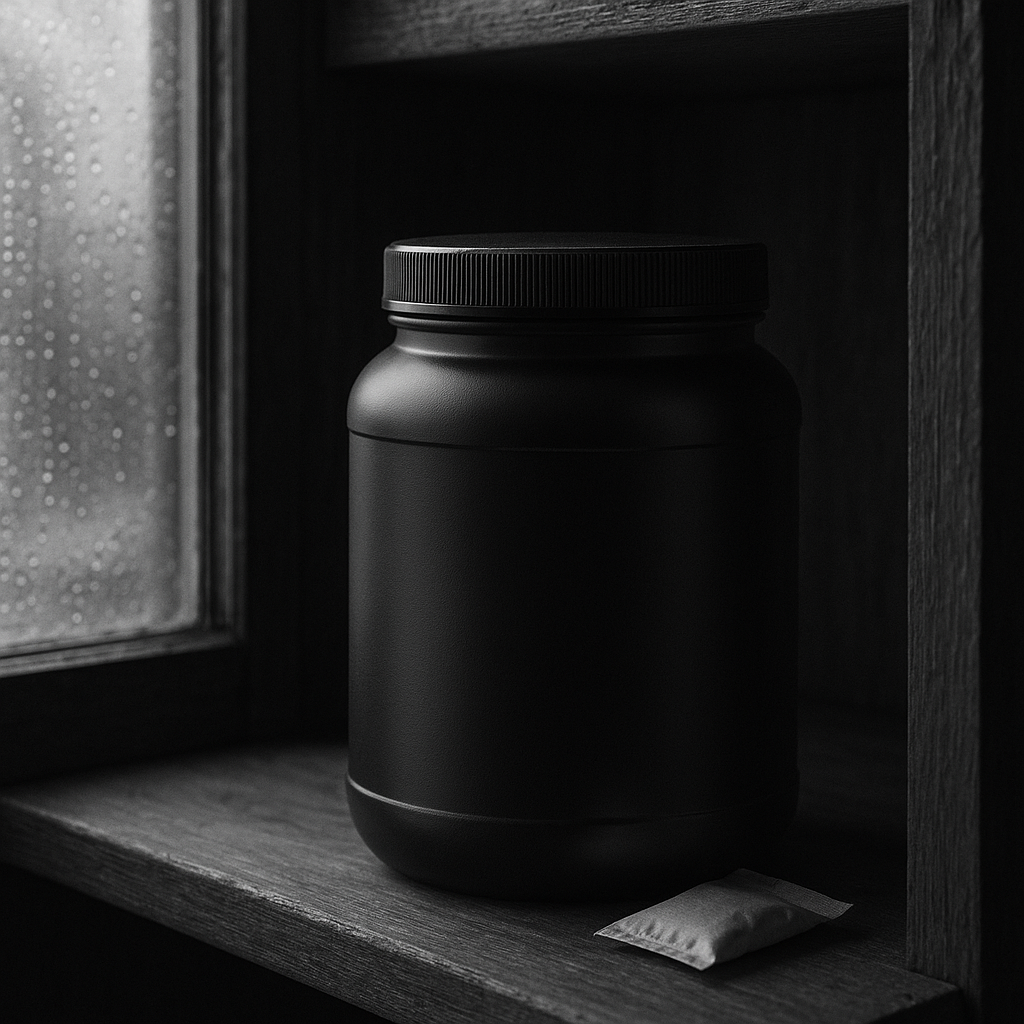 A sealed, opaque container of creatine on a pantry shelf with a desiccant packet nearby, cool and dry environment, no direct light