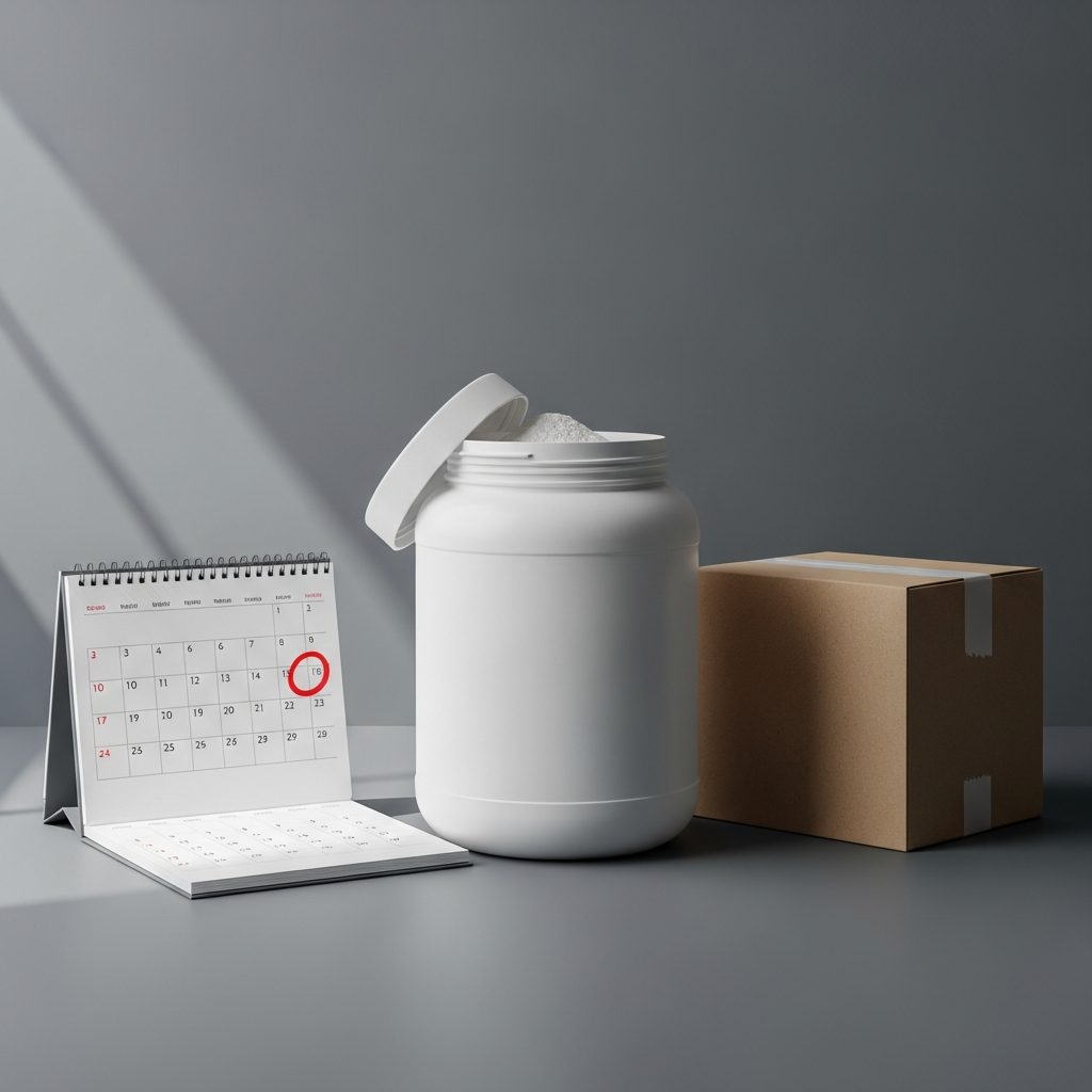 A tub of creatine powder beside a delivery box and a calendar marking a recurring monthly delivery