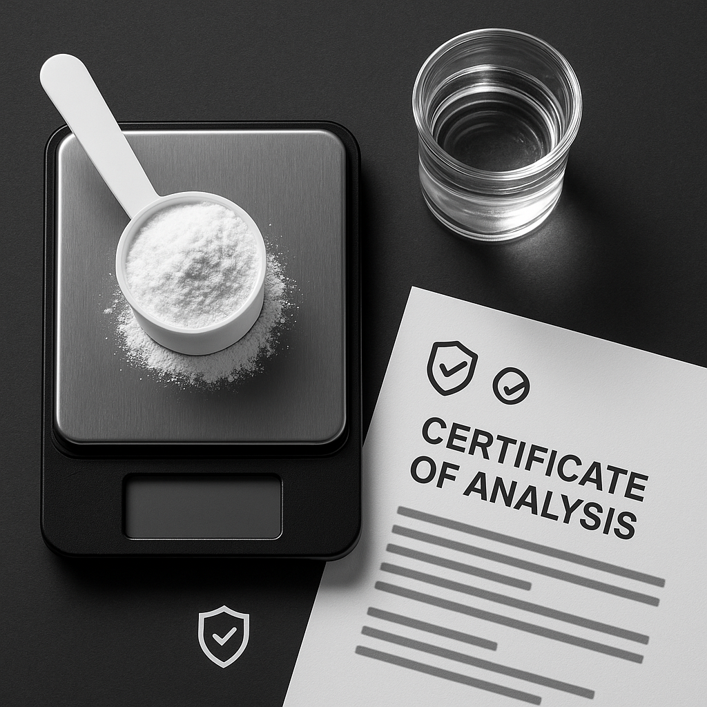 Creatine powder on a lab scale beside a beaker of water and a printed COA, with minimalist certification icons in the background.
