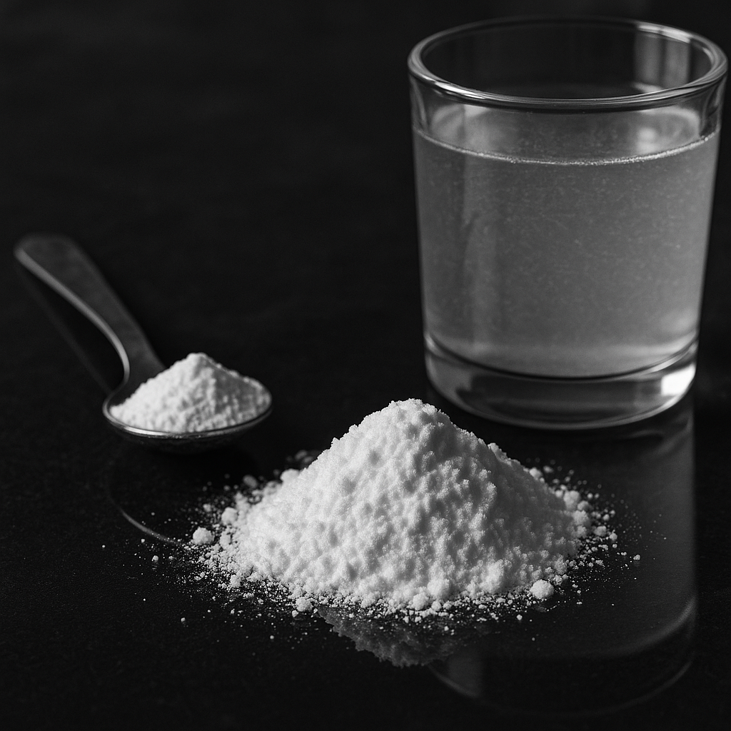 Vue rapprochée de poudre de créatine à côté d’un verre d’eau, mettant l’accent sur la texture de la poudre et la cuillère de mélange, dans des tons charbon et blanc.