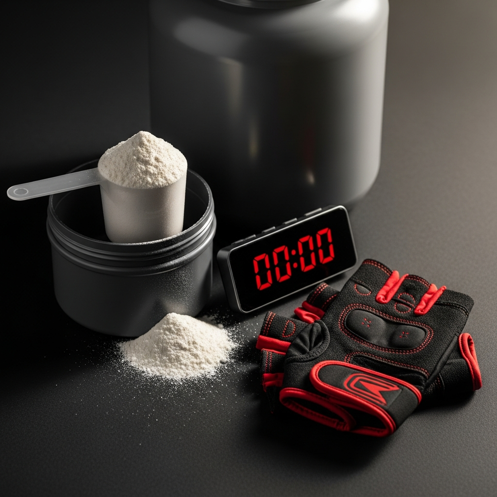 Une mesure et un pot de créatine à côté d'une minuterie de gym et de gants d'entraînement sur une surface foncée