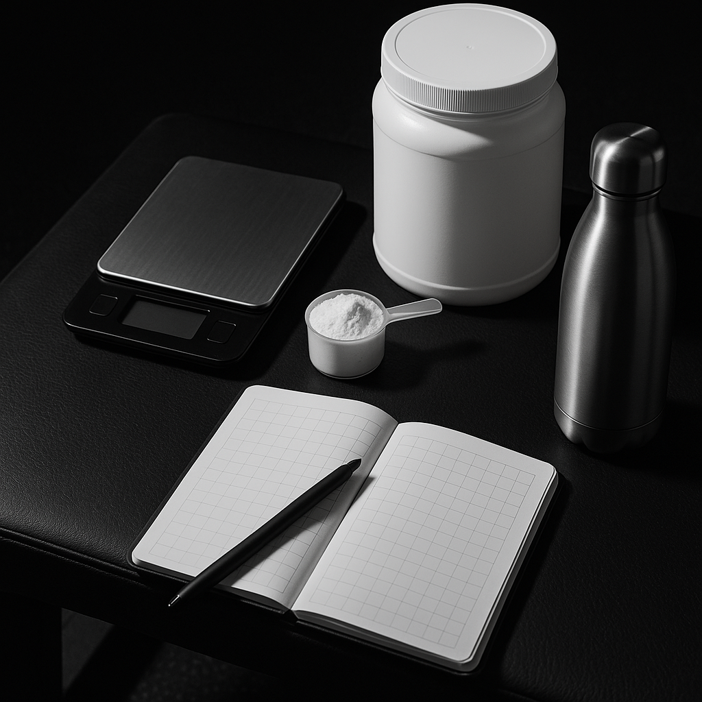 Vue à plat d’une balance numérique, d’un journal d’entraînement, d’une mesure de créatine monohydrate et d’une bouteille d’eau sur un banc noir dans un décor minimaliste et monochrome