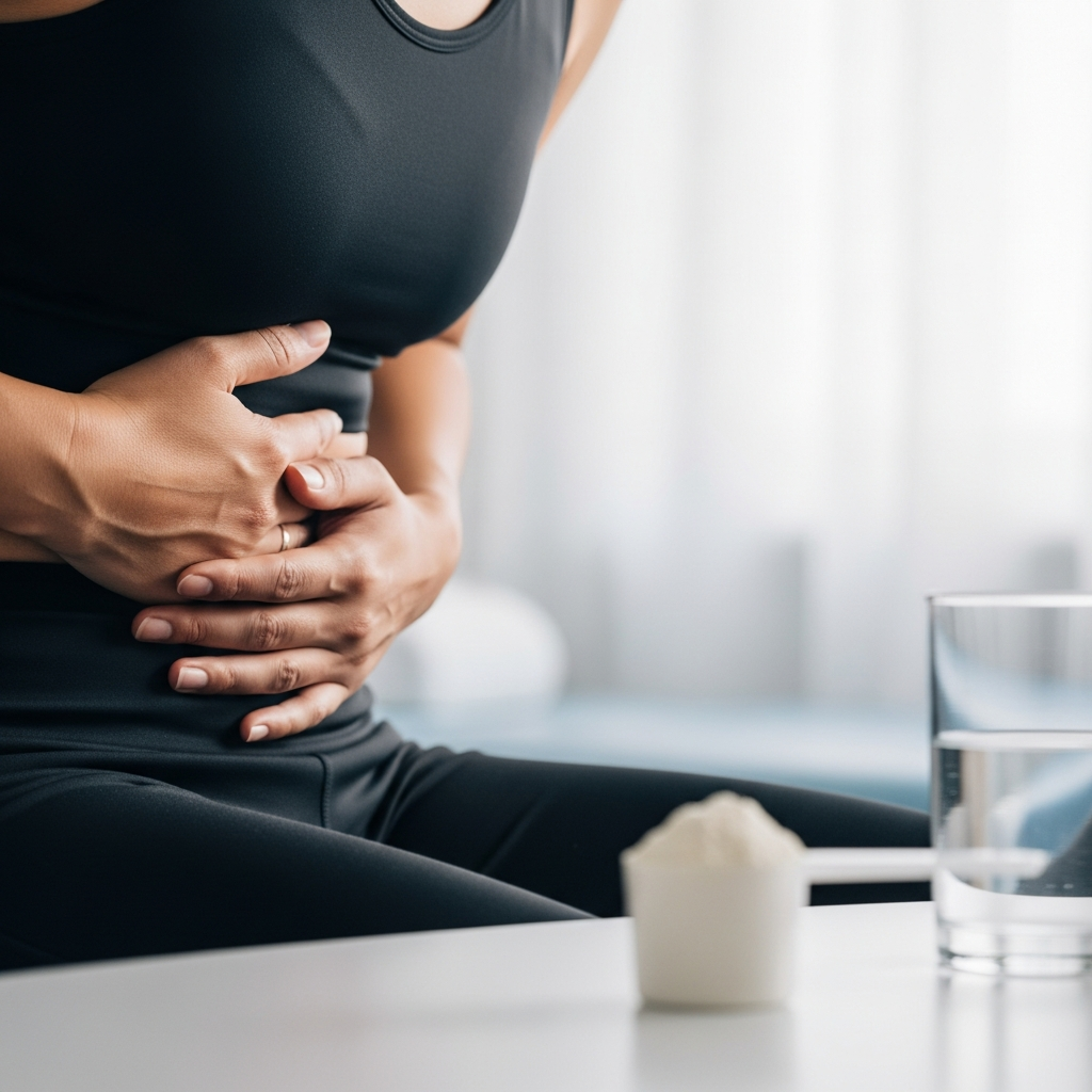 Person holding stomach with creatine and water in foreground