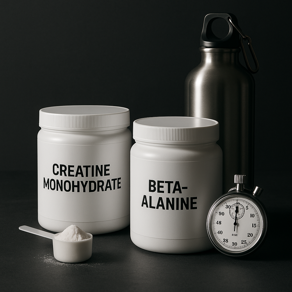 Creatine monohydrate and beta-alanine tubs on a gym bench with a stopwatch showing short and mid-duration intervals