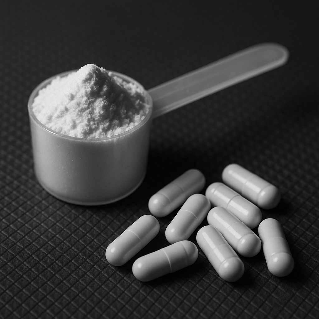 Creatine monohydrate powder in a scoop beside HMB capsules on a dark gym surface