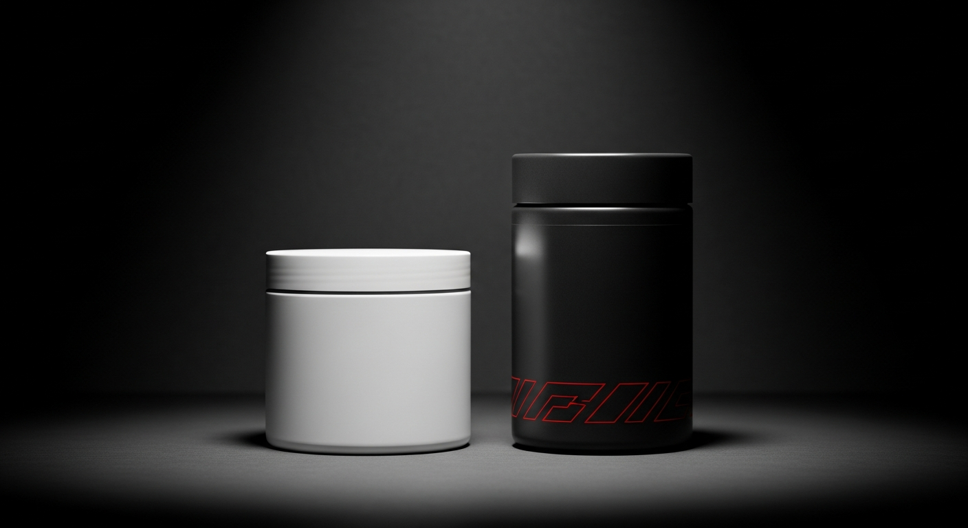 A creatine container and a pre-workout scoop side by side on a gym bench, representing the two most common training supplements