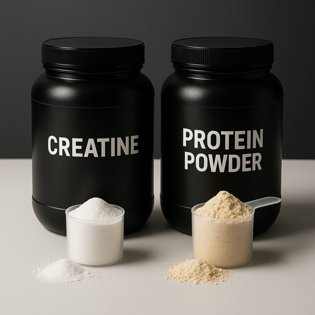 Side-by-side containers of creatine powder and protein powder with measuring scoops on a clean surface.
