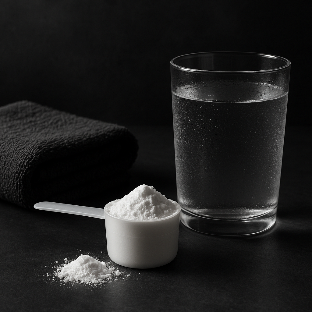 Close-up photo of creatine powder, a glass of water, and a gym towel on a dark surface, highlighting hydration.