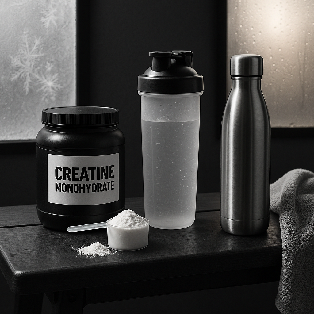 Creatine monohydrate tub with scoop and shaker placed between a frosted window and a sunlit, sweaty gym towel, showing winter vs summer training contrast.
