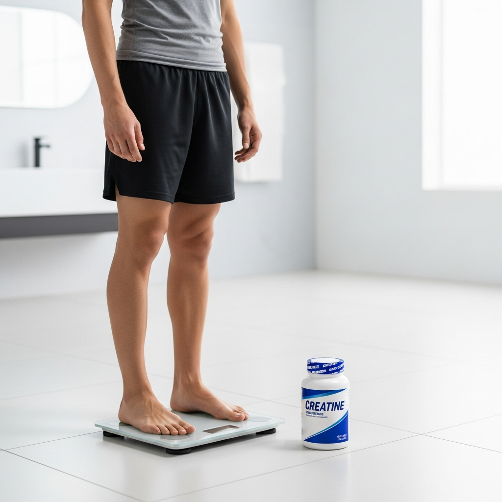 Person on a bathroom scale beside creatine supplement container — scientific context