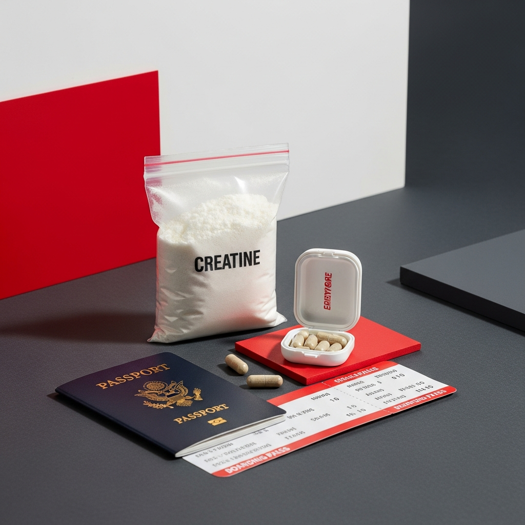 A travel bag of creatine powder and a capsule case beside a passport and boarding pass