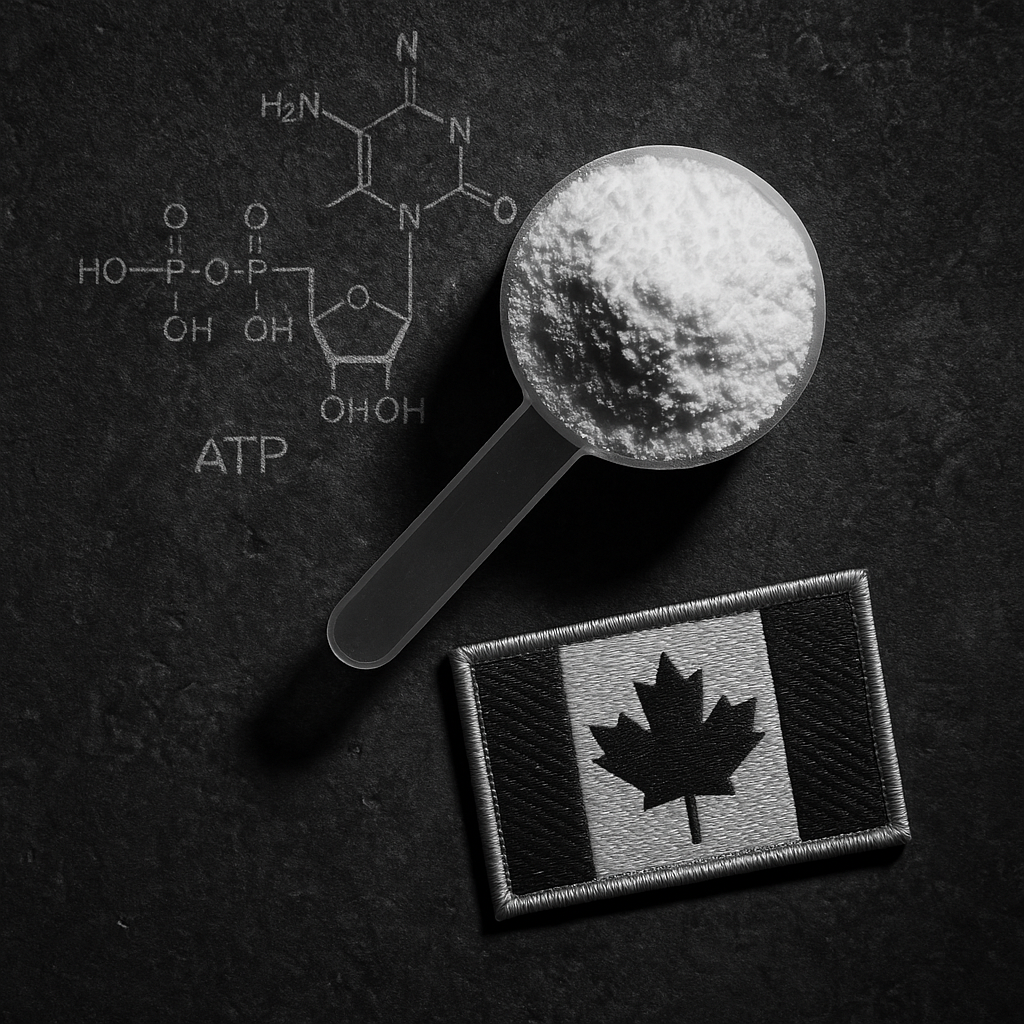 Top-down view of creatine monohydrate powder beside a Canadian flag patch, with a molecular diagram of ATP in the background.