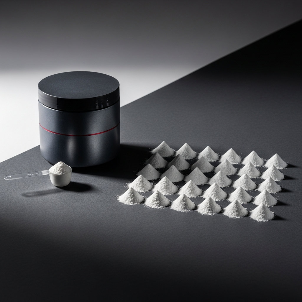 A creatine tub with a measuring scoop and rows of powder piles arranged like a monthly grid