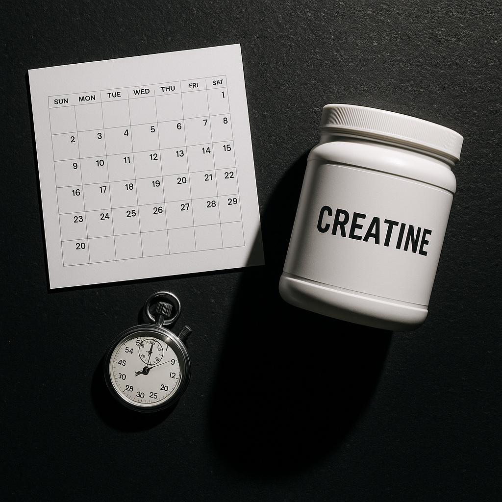 A calendar and a stopwatch alongside a creatine supplement tub on a gym surface