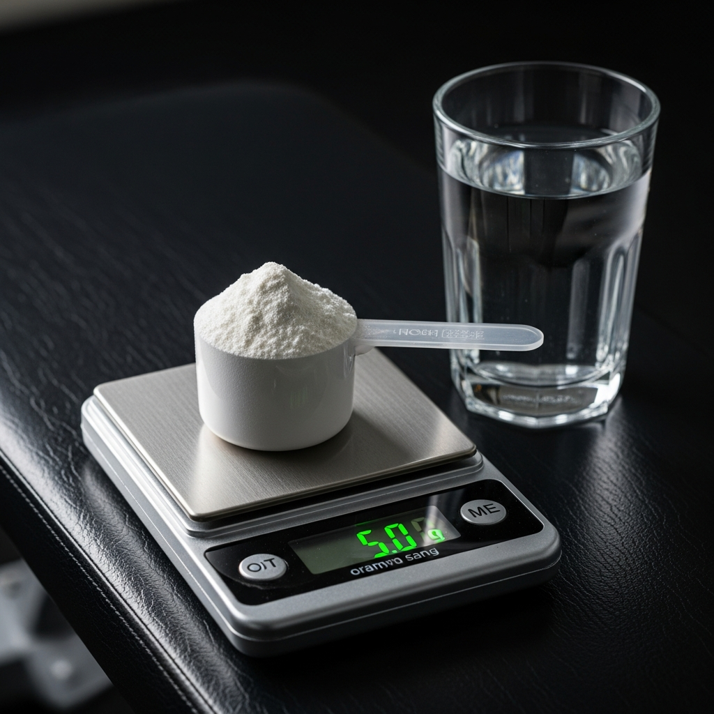 Measuring scoop with creatine powder beside a digital scale showing 5 grams