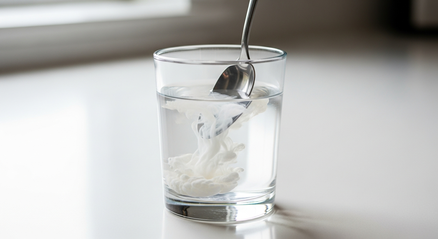 Spoon of white creatine powder being stirred into a clear glass of water