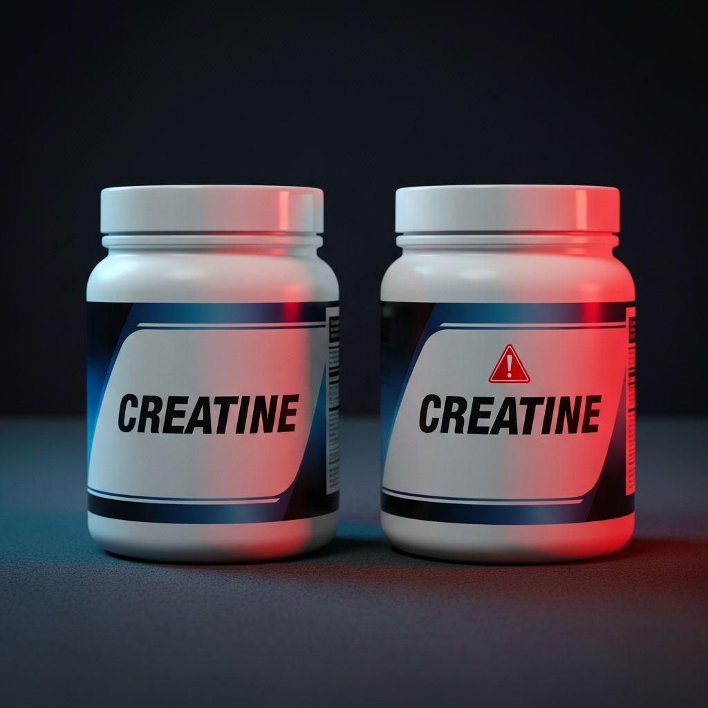 Two scoops of creatine powder side by side, one clean white and one off-colour