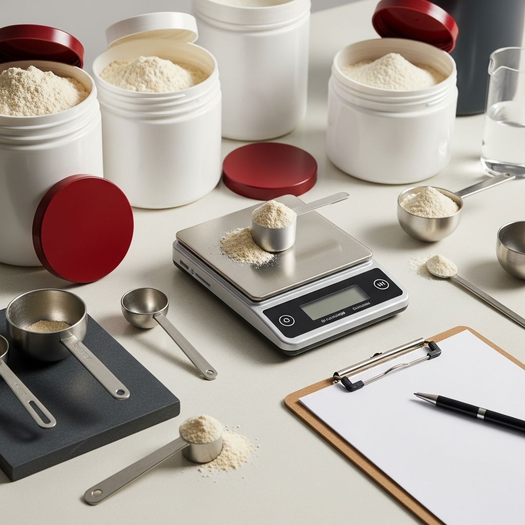 A testing bench with open tubs of creatine, a precision scale, scoops and a clipboard