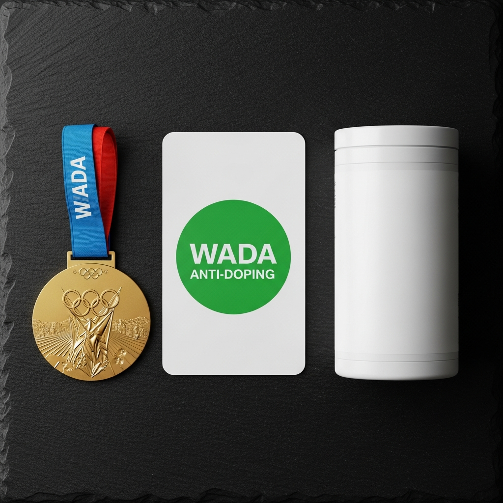 Olympic podium and anti-doping symbol with creatine supplement container