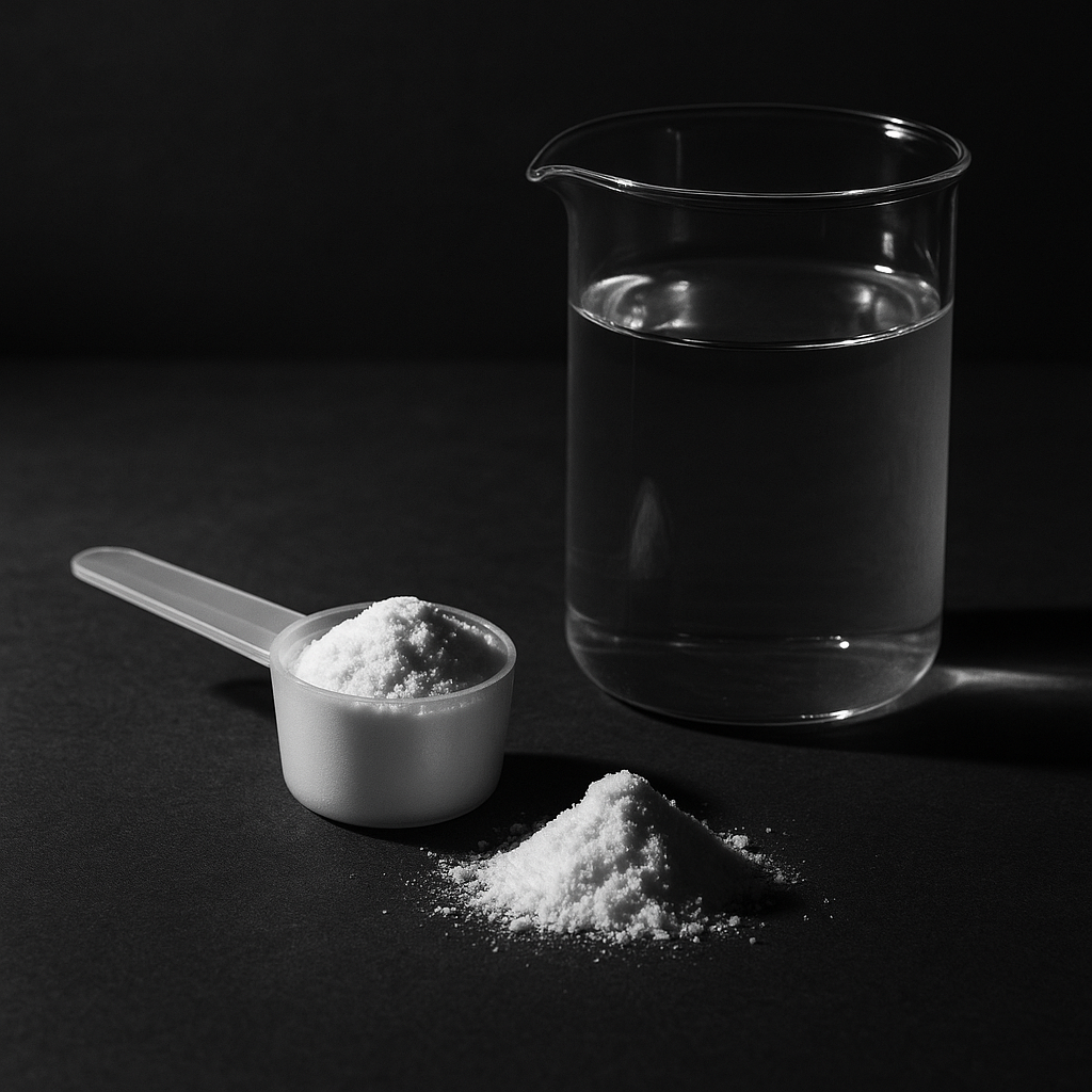 Close-up of white creatine powder next to a scoop on a monochrome surface, laboratory glassware in background