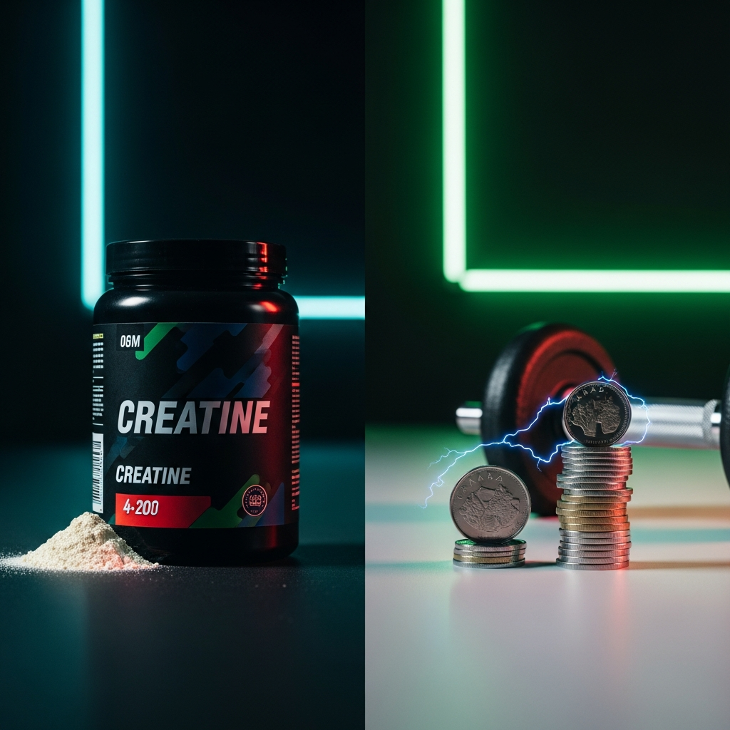 A tub of creatine on one side of a balance scale weighed against coins