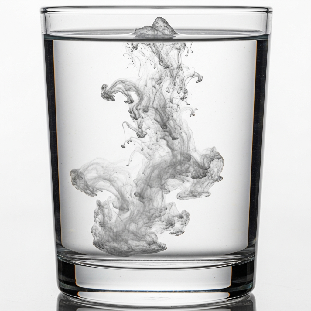 Close-up of ultra-fine white creatine powder dissolving in a clear glass of water