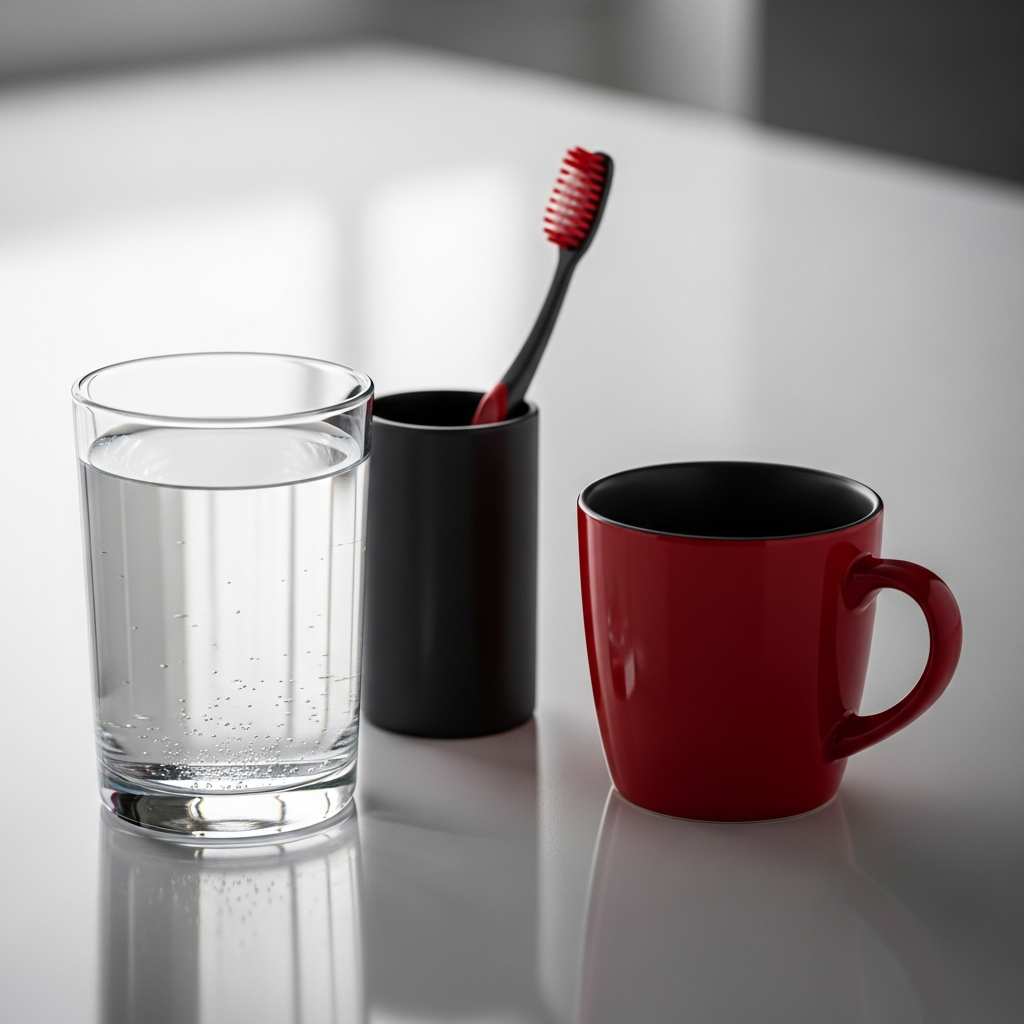 A glass of water with dissolved creatine beside a toothbrush and coffee mug in a morning routine scene