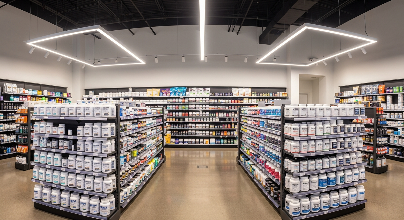Intérieur de magasin de suppléments lumineux et bien organisé avec des étagères de produits de créatine et de protéines