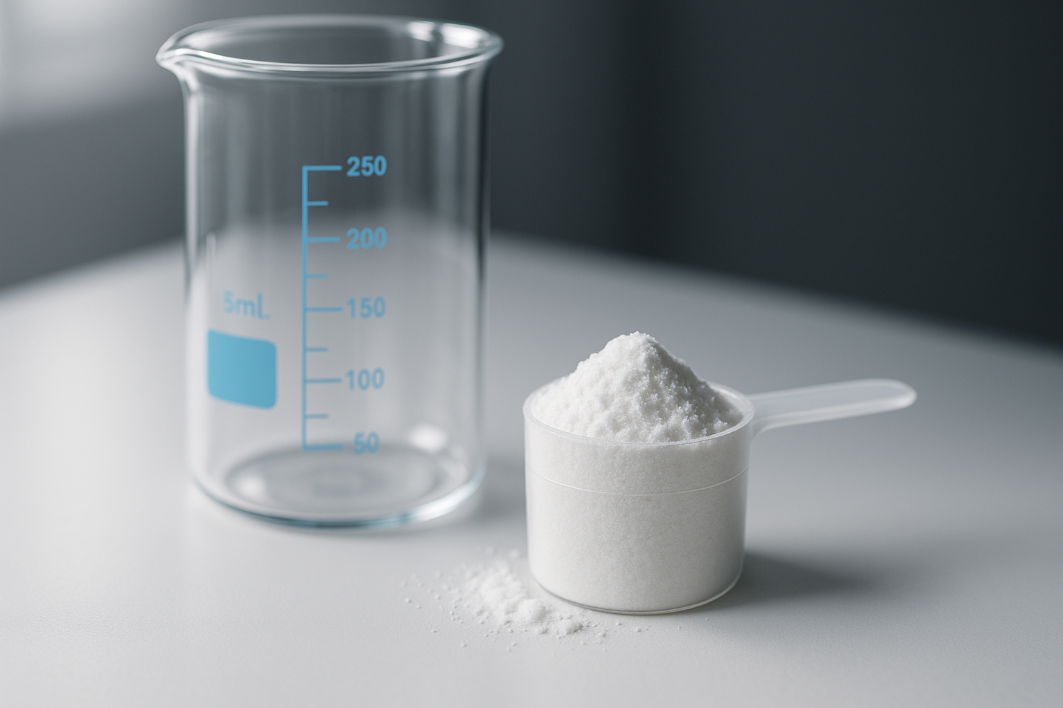 Creatine monohydrate powder on a lab surface with molecular structure illustration in background