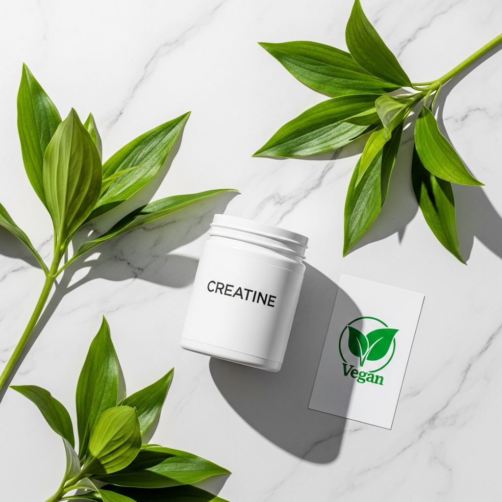 Plant leaves and creatine supplement powder on a clean white surface with a vegan symbol