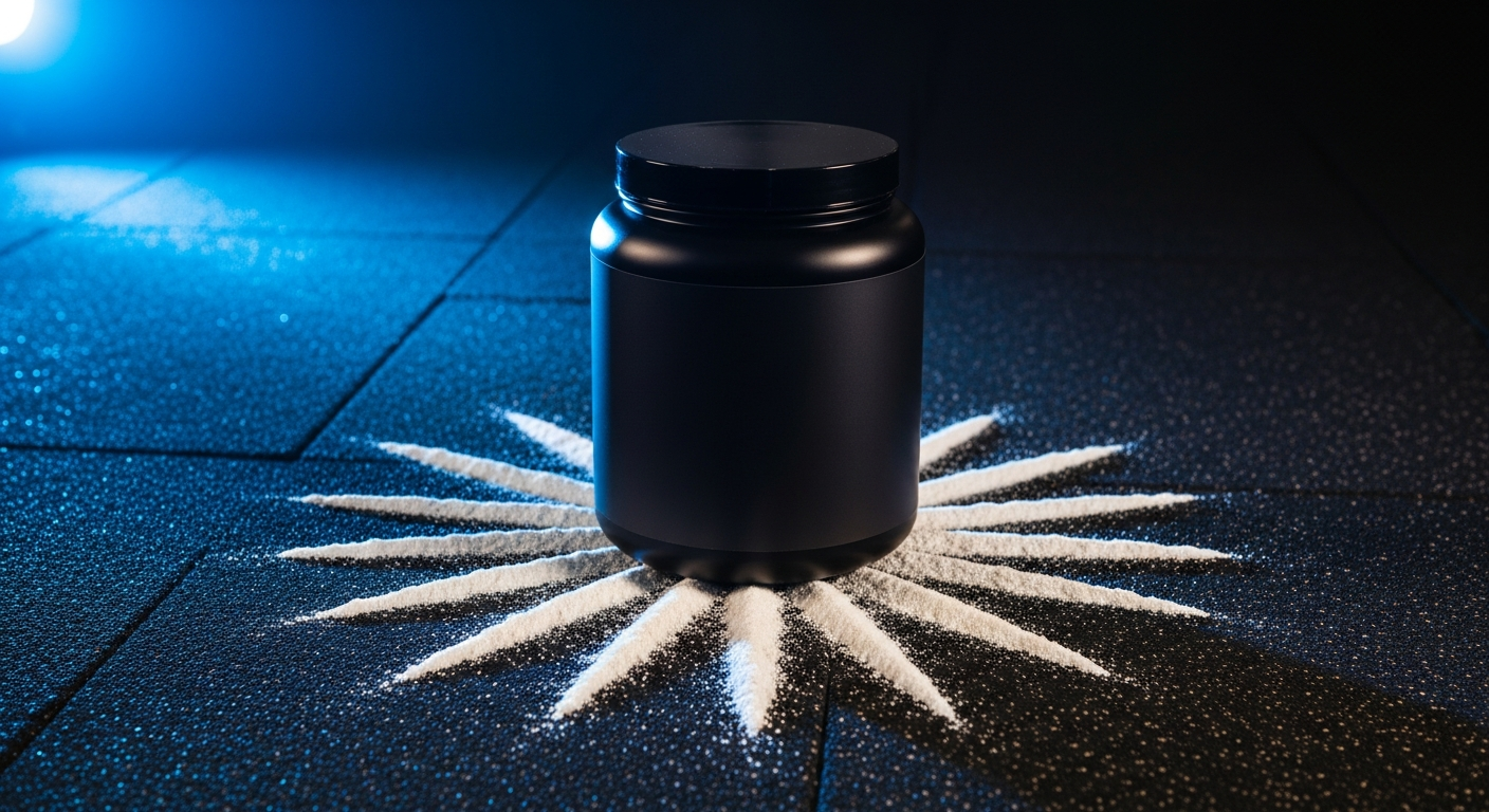 Pot de supplément de créatine et poudre éparpillée sur une surface de gym sombre avec un éclairage dramatique