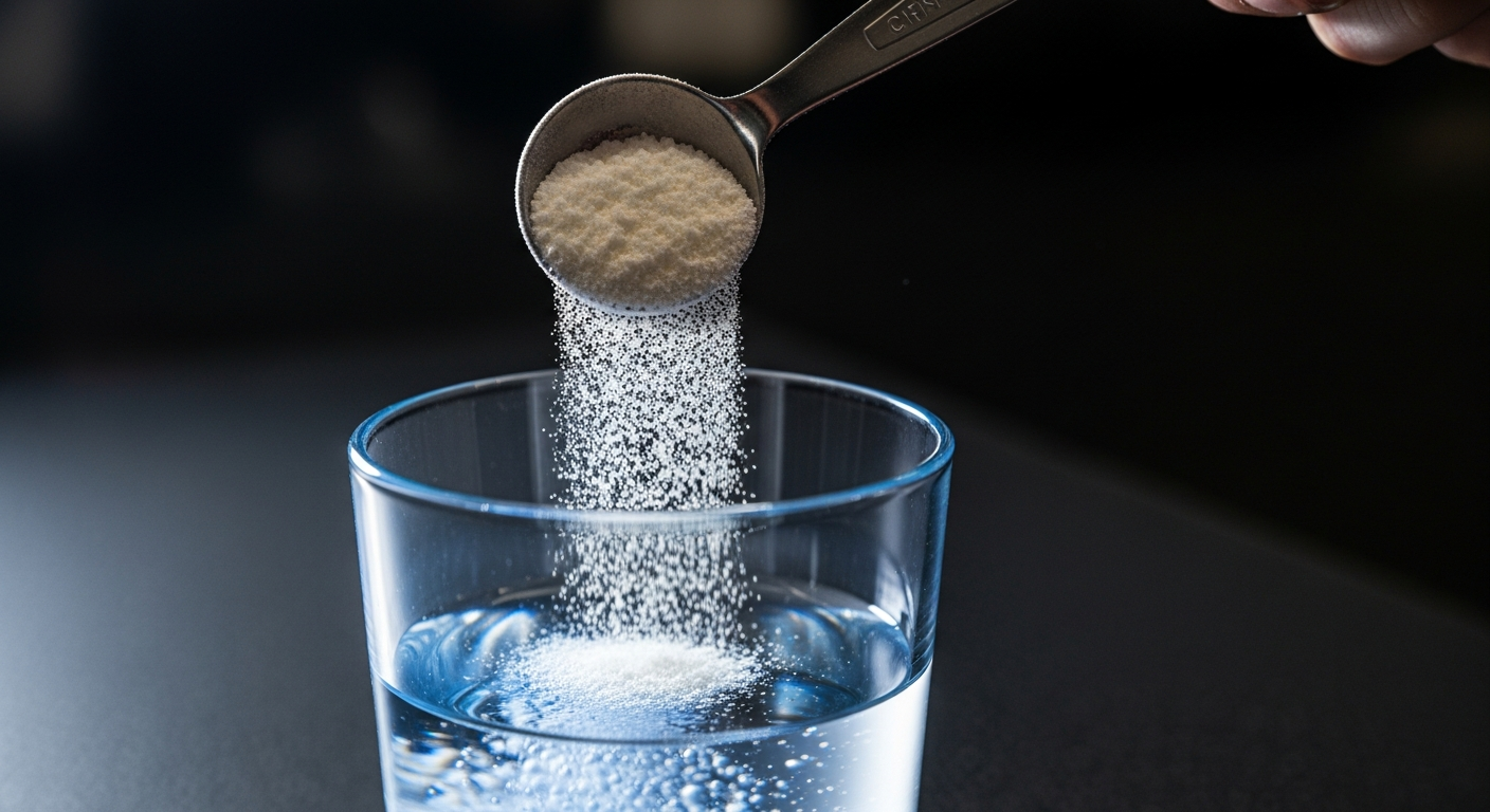 Poudre de créatine versée dans de l’eau dans un contexte de gym