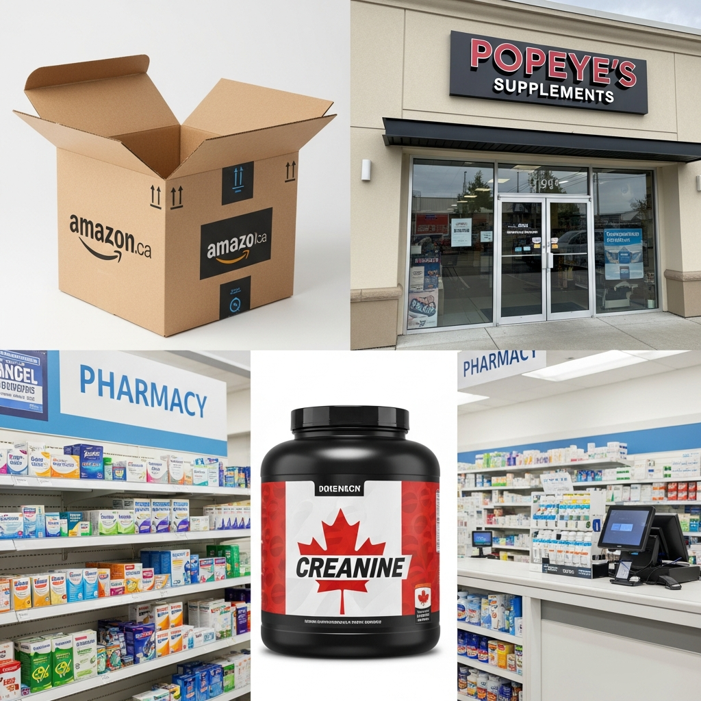 Creatine supplement containers displayed across Canadian retail and online store backgrounds