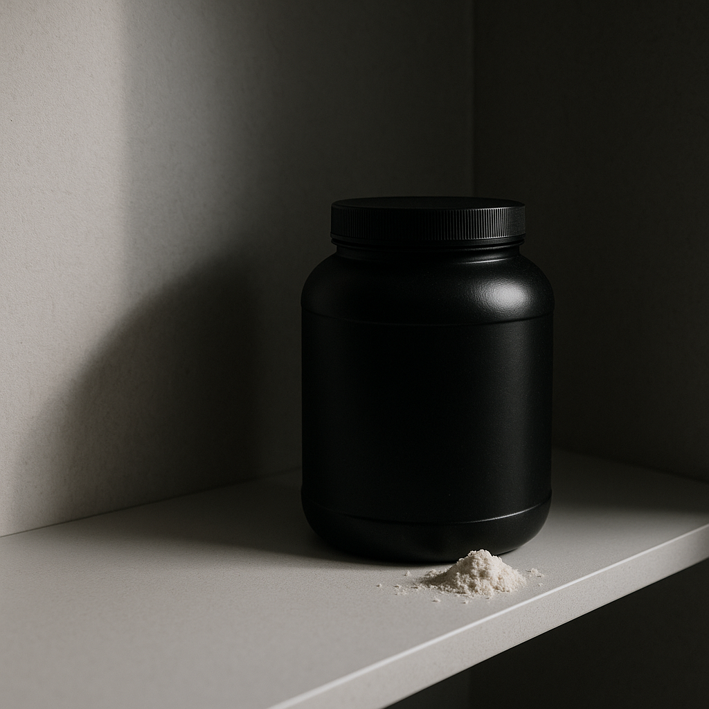 A half-empty supplement tub sitting abandoned on a shelf, representing giving up too early