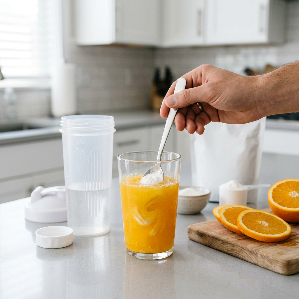 Peut-on mélanger la créatine avec du jus d’orange ou une boisson à la vitamine C? Oui, avec une règle pratique