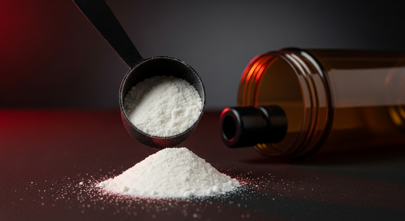Fine white creatine monohydrate powder spilling from a black scoop on a dark surface